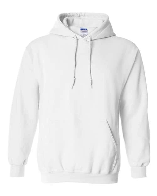 A plain white hoodie with a drawstring hood and a front pocket.