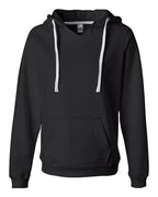 A black hooded sweatshirt with white drawstrings.