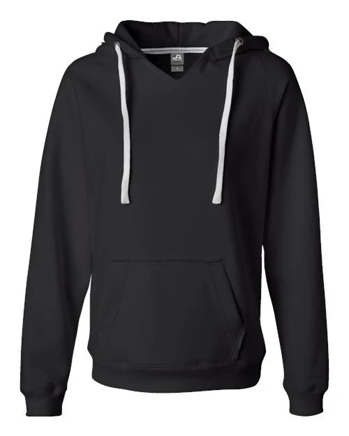 A black hooded sweatshirt with white drawstrings.